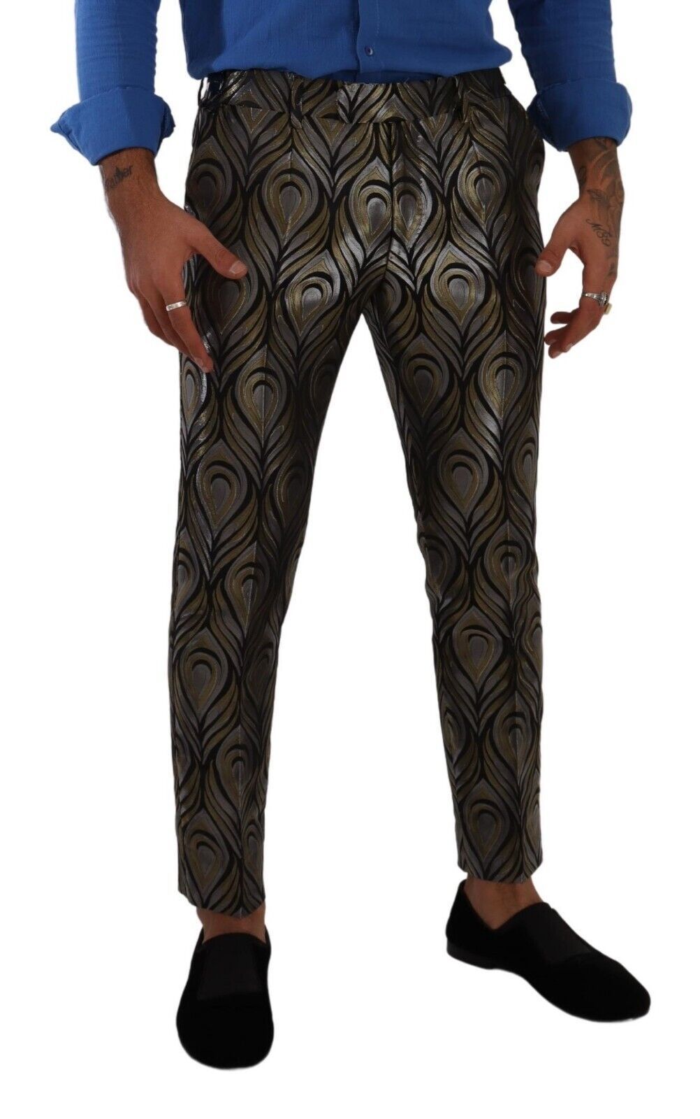 Dolce &amp; Gabbana Silver Guld Jacquard Herrbyxor Dressbyxor