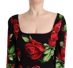 Dolce & Gabbana Black Red Roses Sheath Stretch Silk Dress