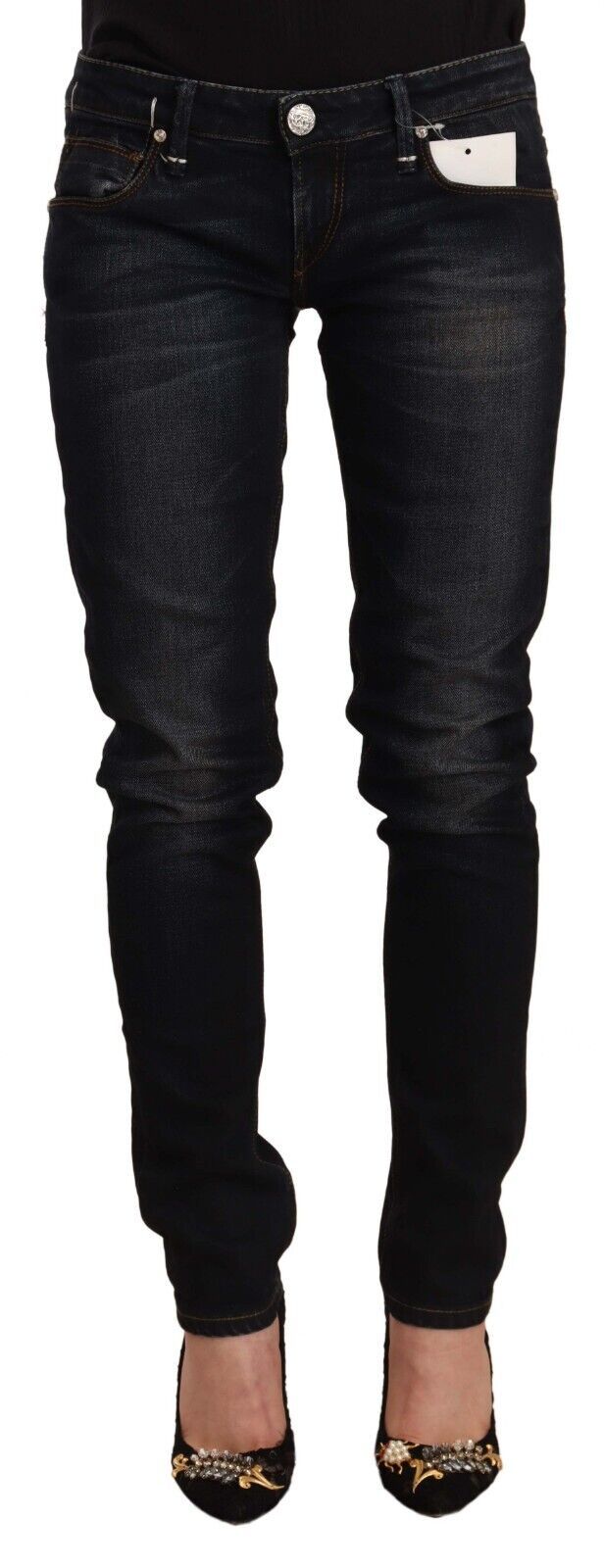 Svarte, vasket bomulls-jeans med lav midje og smal passform