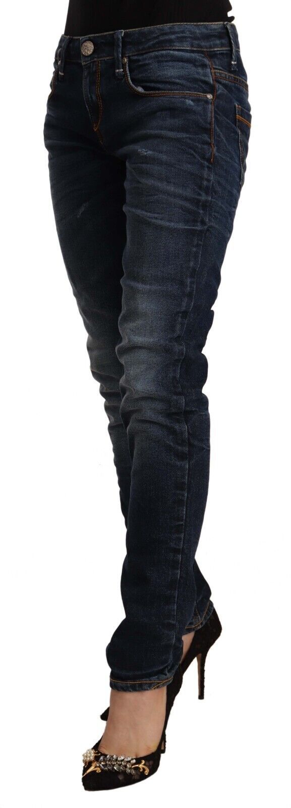 Blå tvättade bomulls skinny jeans med medelhög midja