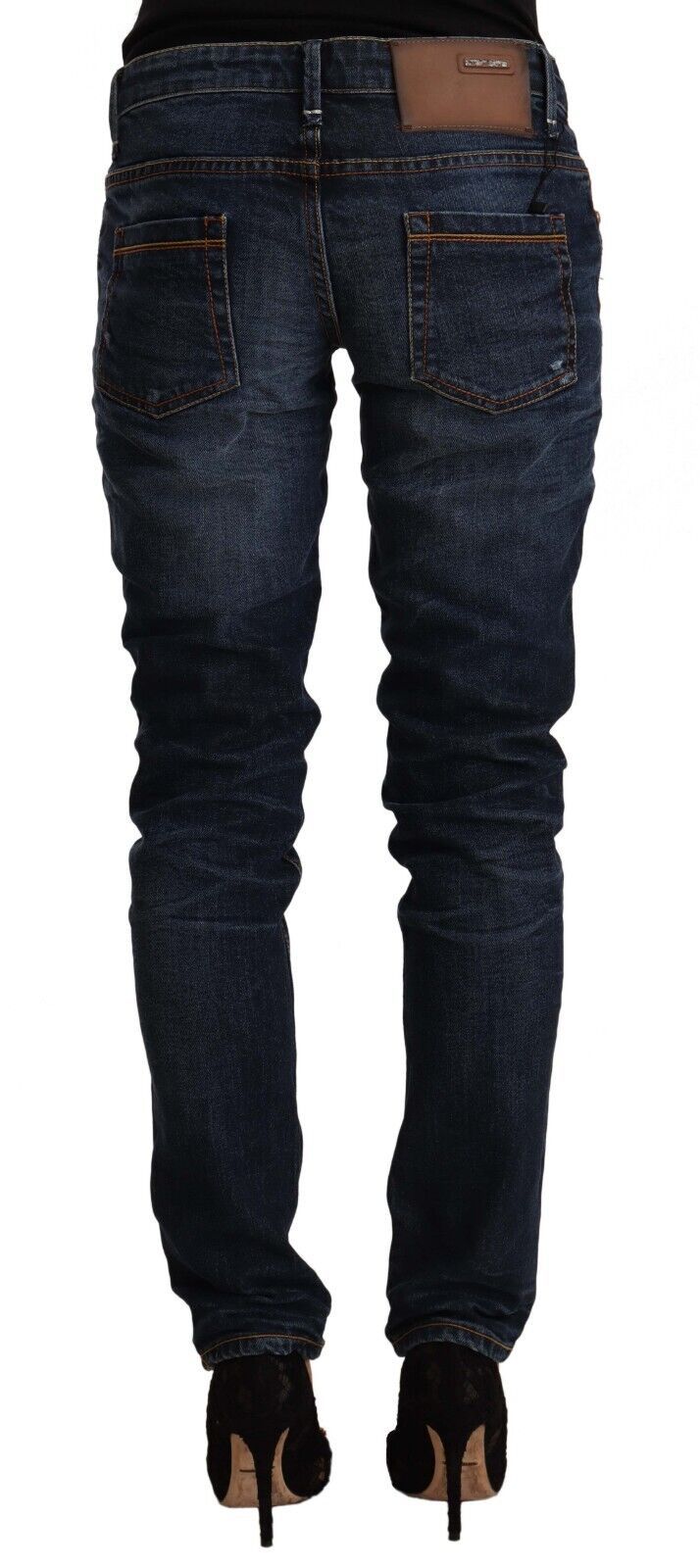 Blå tvättade bomulls skinny jeans med medelhög midja