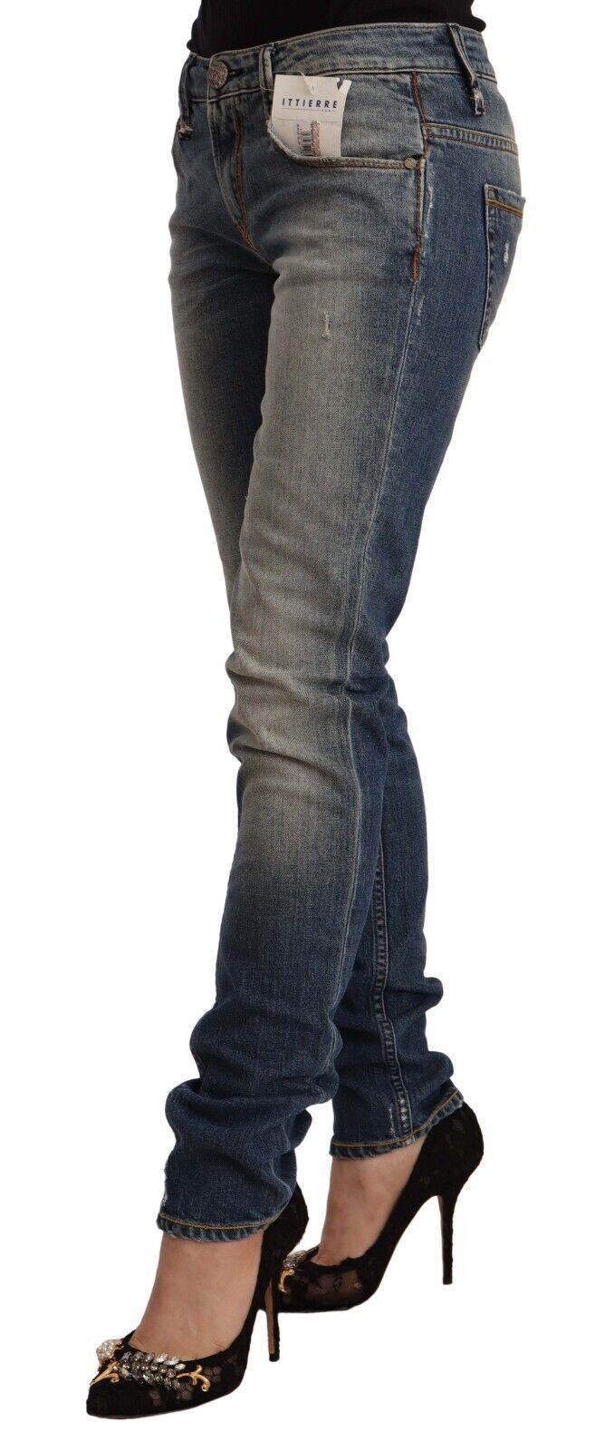 Blå tvättade bomulls skinny jeans med medelhög midja