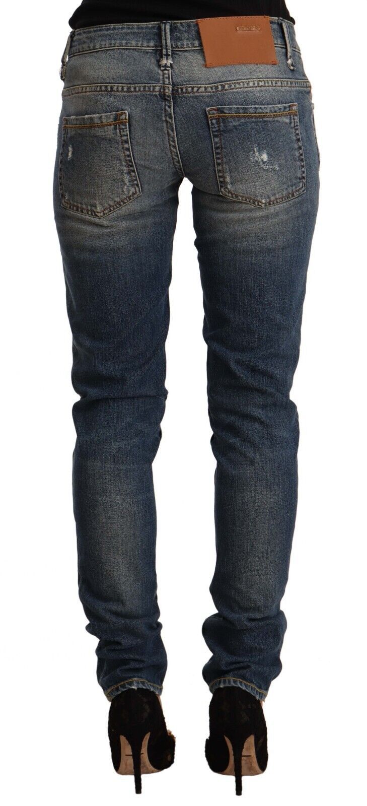 Blå tvättade bomulls skinny jeans med medelhög midja
