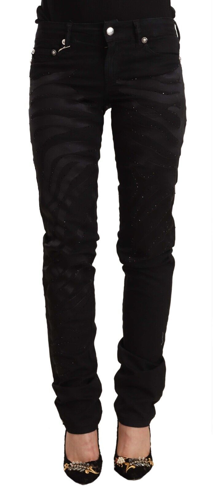 Svarta skinny jeans med medelhög midja och utsmyckade detaljer