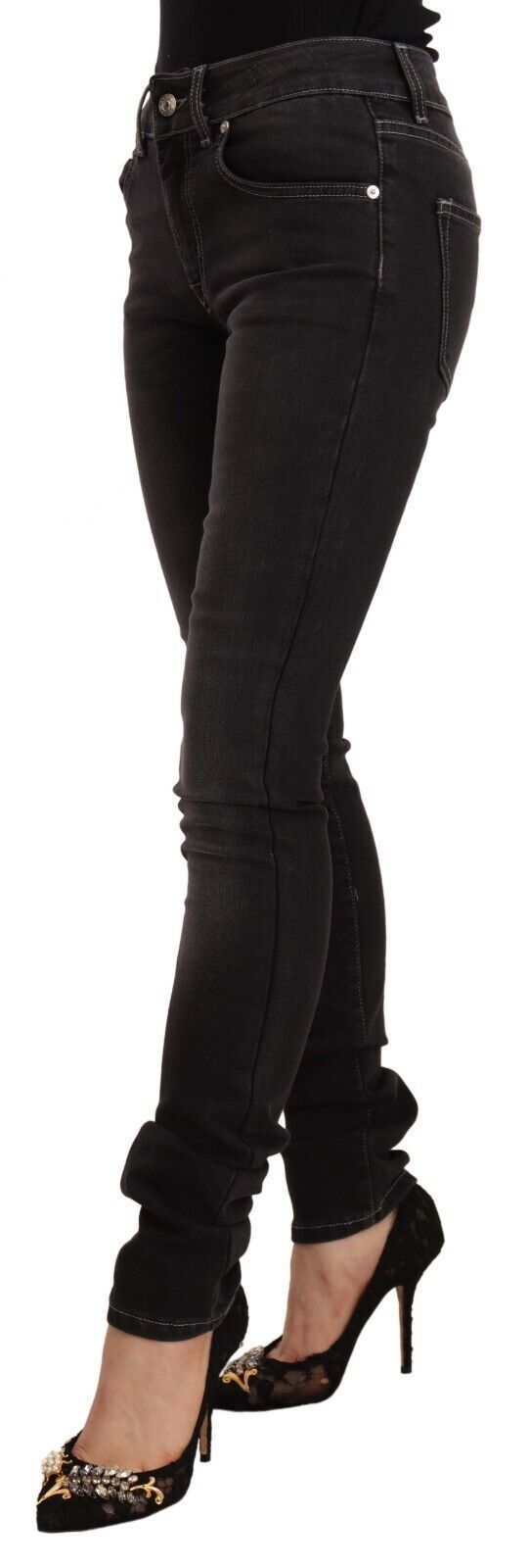 Svarta tvättade skinny jeans med medelhög midja i bomullsdenim