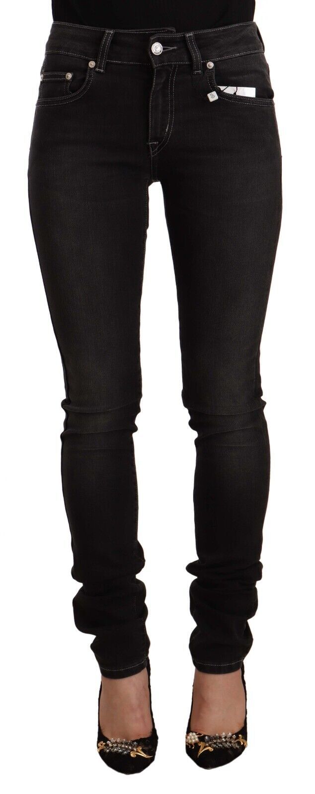 Svarta tvättade skinny slim fit jeans med medelhög midja i bomull