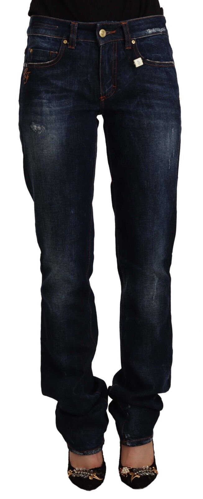 Mörkblå tvättade raka jeans med medelhög midja i bomullsdenim