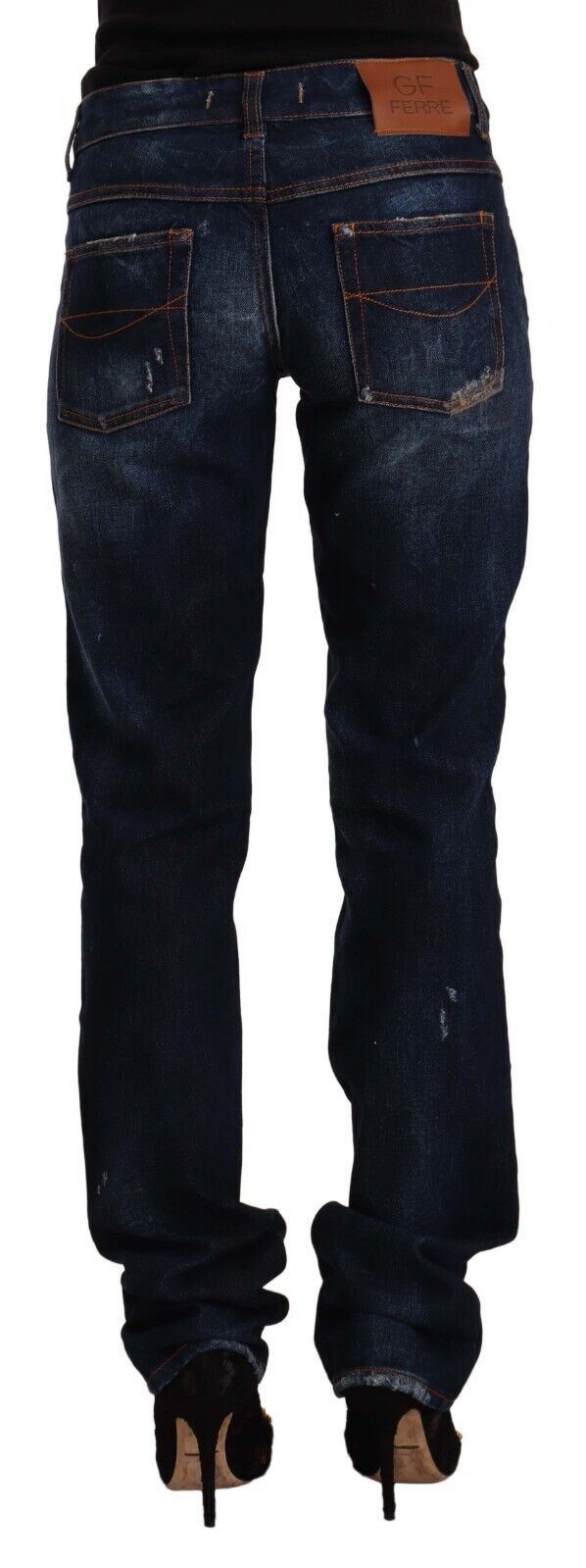 Mörkblå tvättade raka jeans med medelhög midja i bomullsdenim