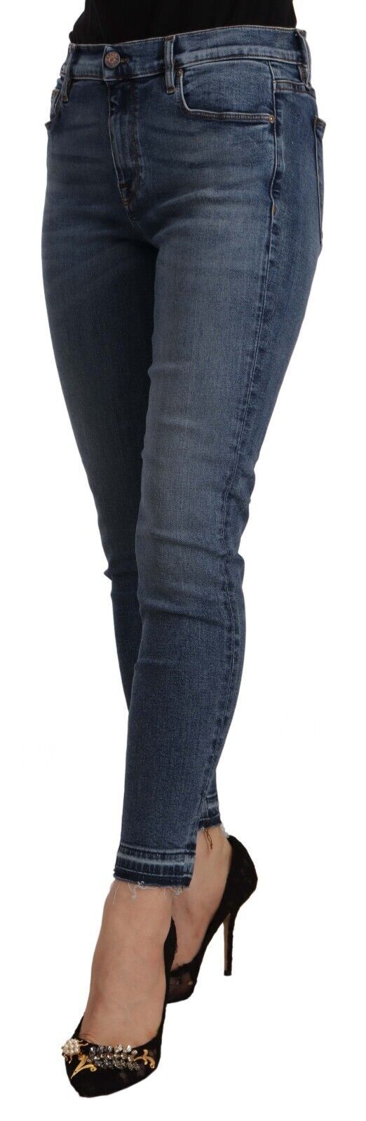 Blåa slim fit-jeans med medelhög midja i bomullsdenim