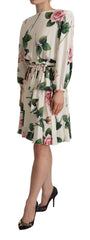 Dolce & Gabbana White Rose Print Long Sleeves A-line Dress