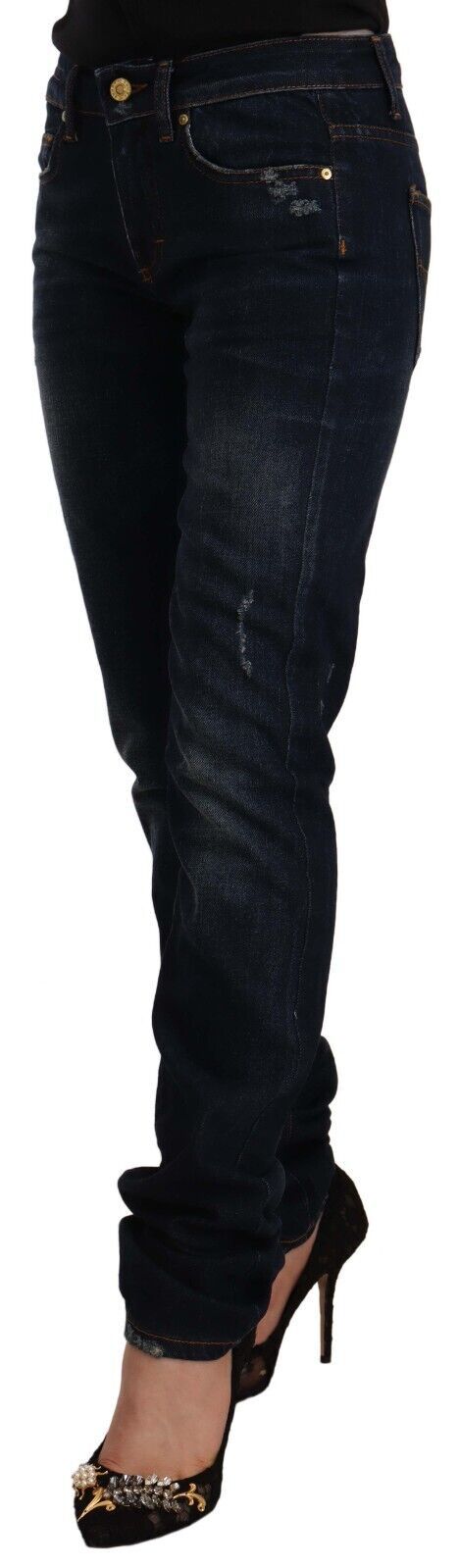 Mörkblå tvättade skinny jeans med medelhög midja i bomullsdenim
