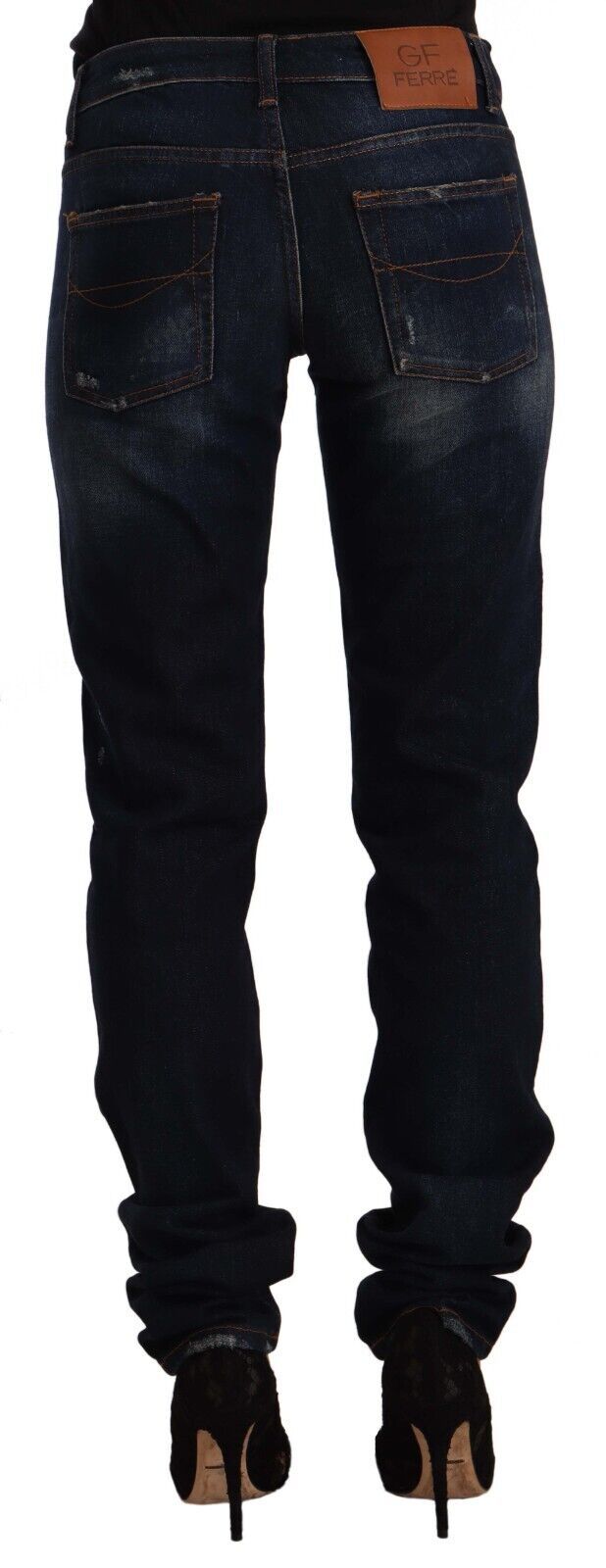 Mörkblå tvättade skinny jeans med medelhög midja i bomullsdenim