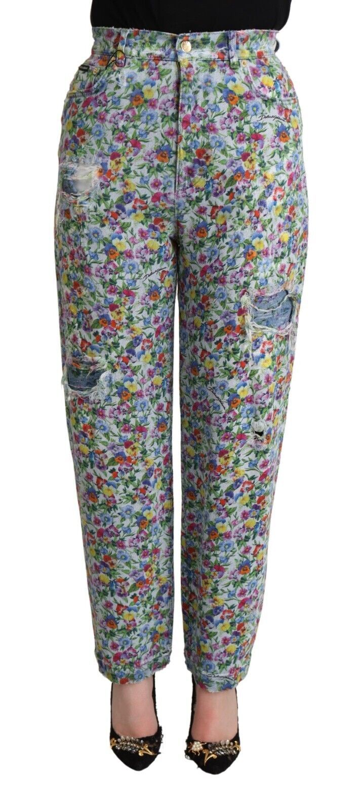 Blå blommiga jeans med hög midja och avsmalnande passform