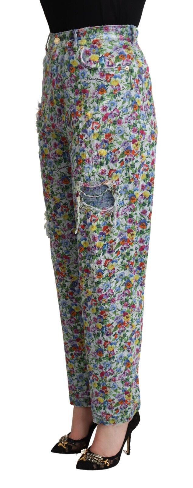 Blå blommiga jeans med hög midja och avsmalnande passform