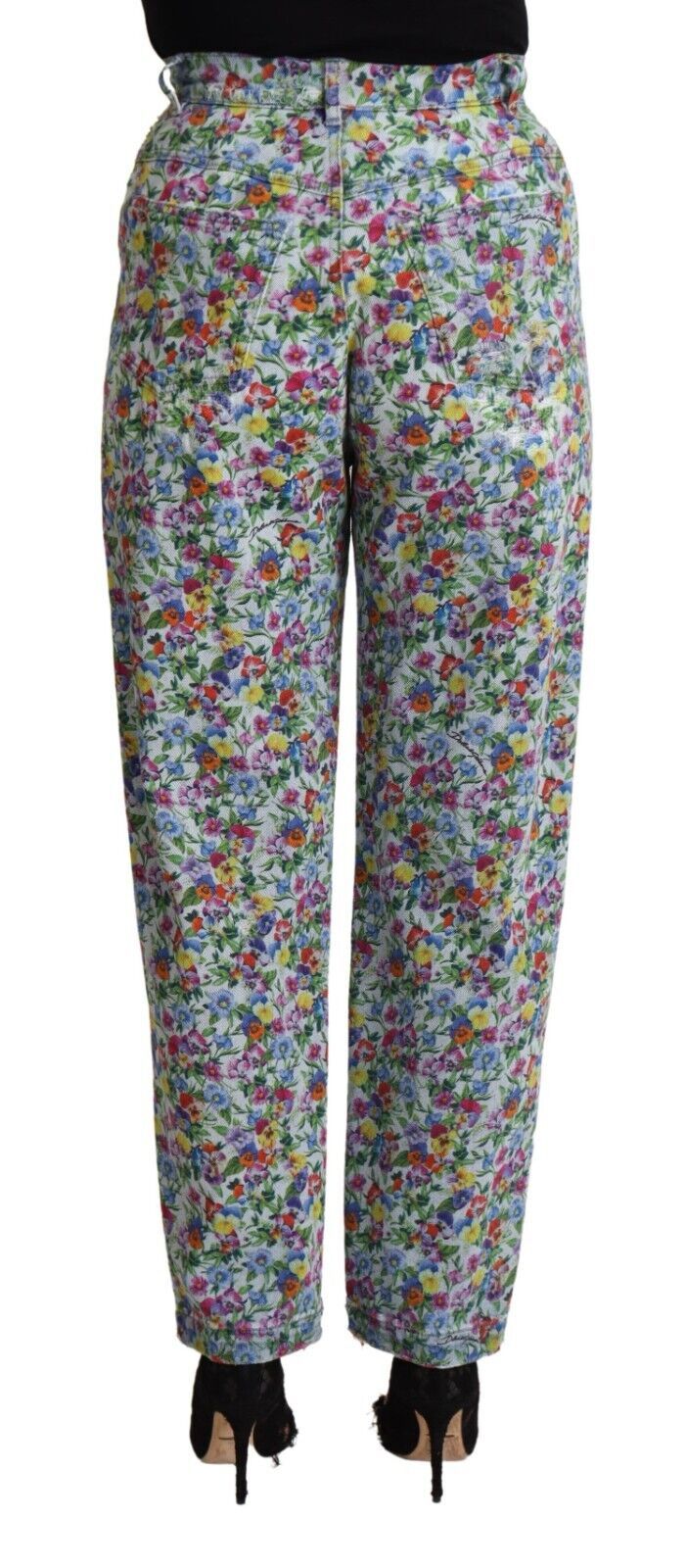 Blå blommiga jeans med hög midja och avsmalnande passform