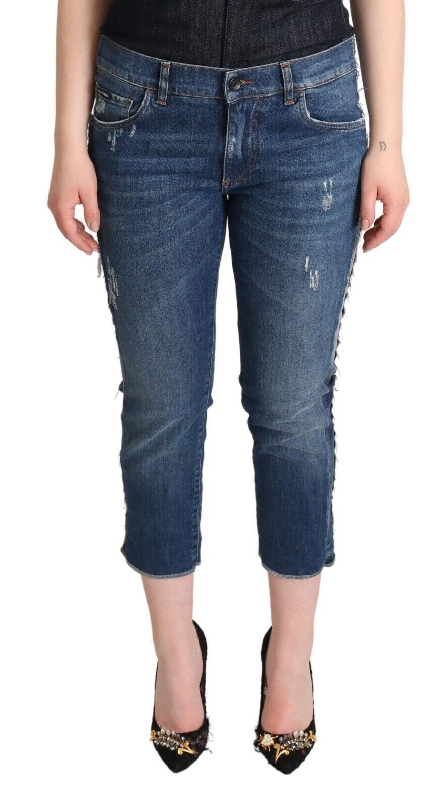 Blå tvättade jeans med mellanhög midja och logotyp
