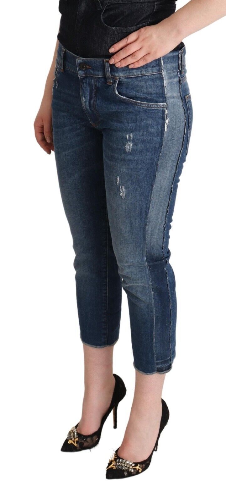 Blå tvättade jeans med mellanhög midja och logotyp