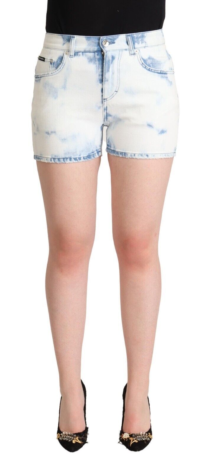 Vita Blå Färgade Bomullsshorts Med Mellanhög Midja