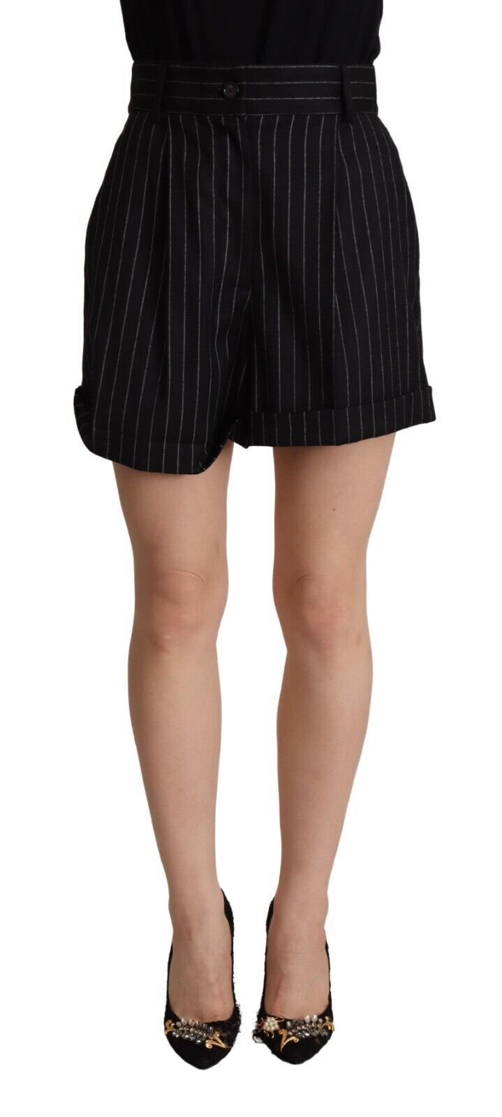 Svarta ränder i ull med hög midja och bermudashorts