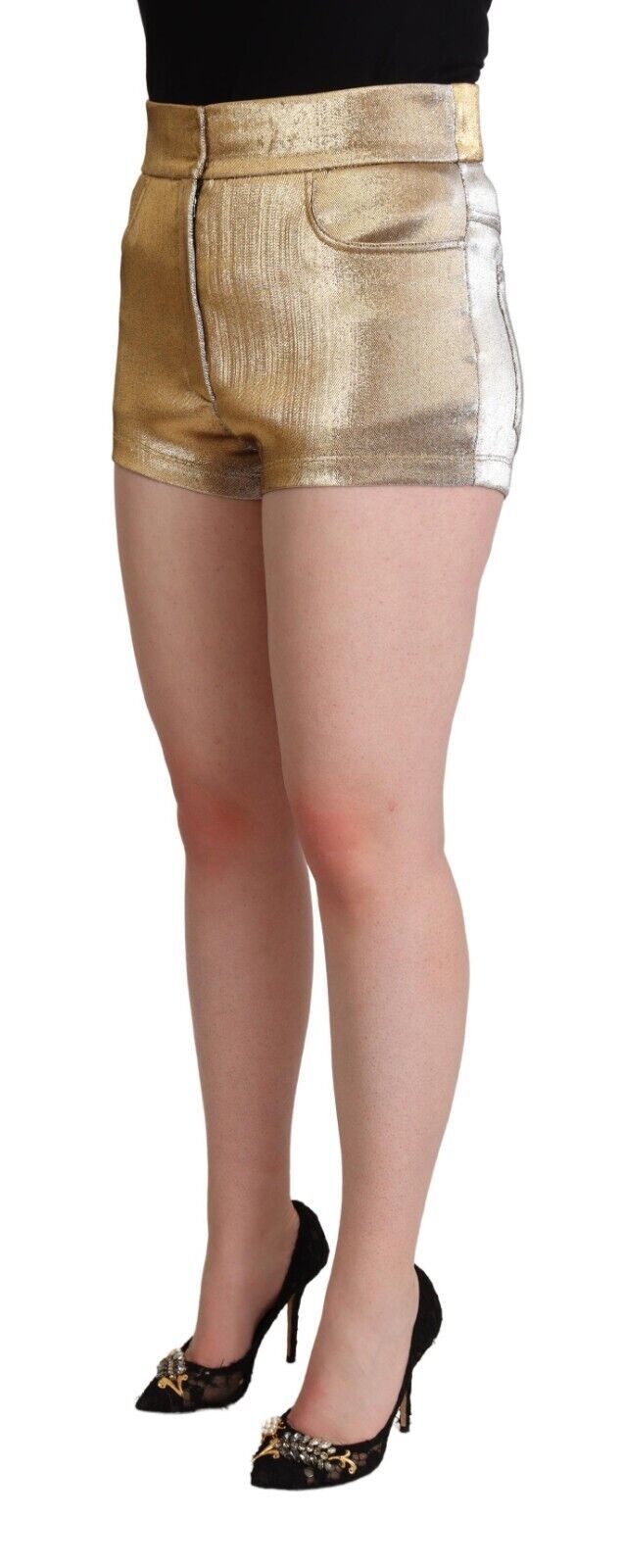 Metallic guldfärgade bomullsshorts med medelhög midja