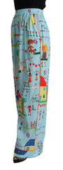 Dolce & Gabbana Light Blue Drawing Mid Waist Wide Leg Pants
