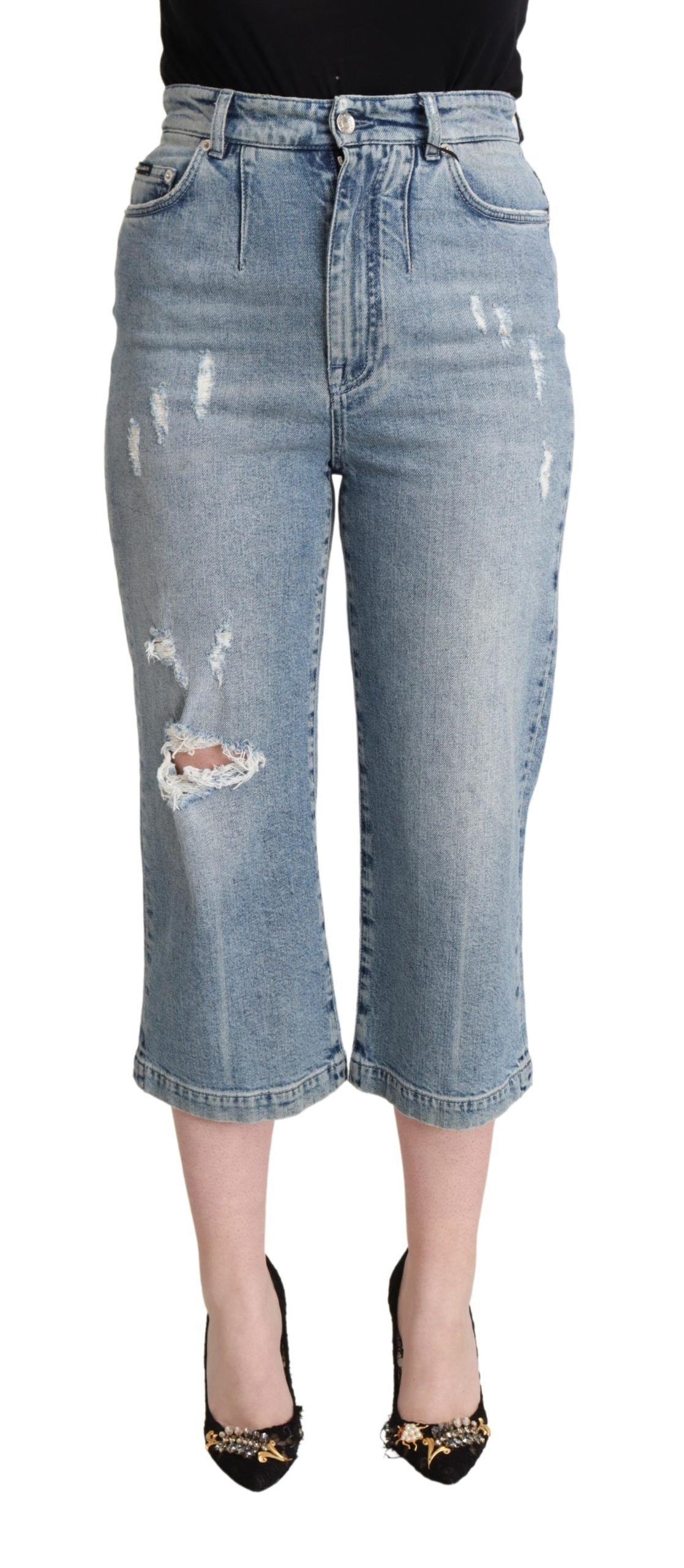 Blåa slitna bomullsdenim Capri-jeans