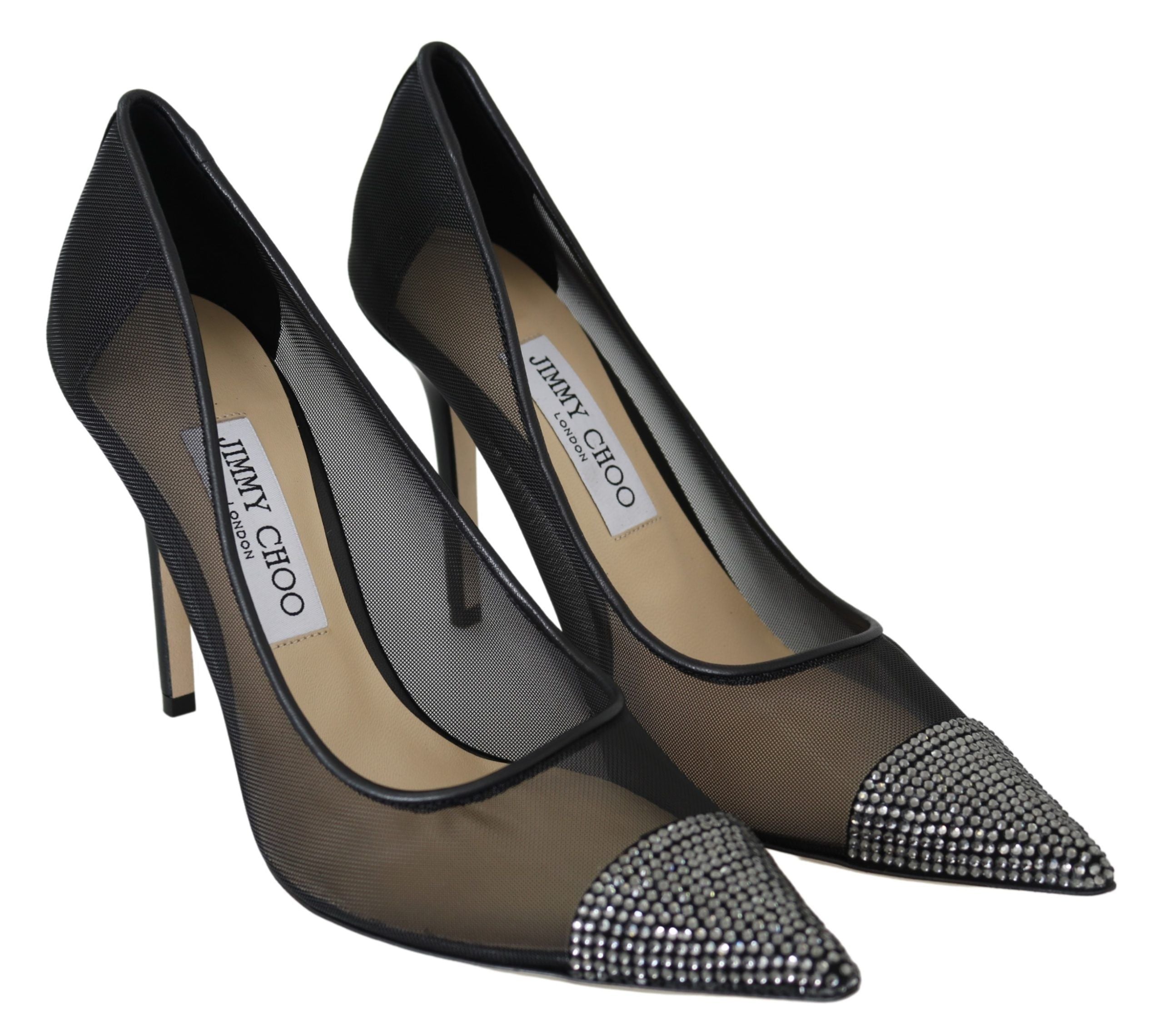 Eleganta svarta pumps i mesh med kristaller