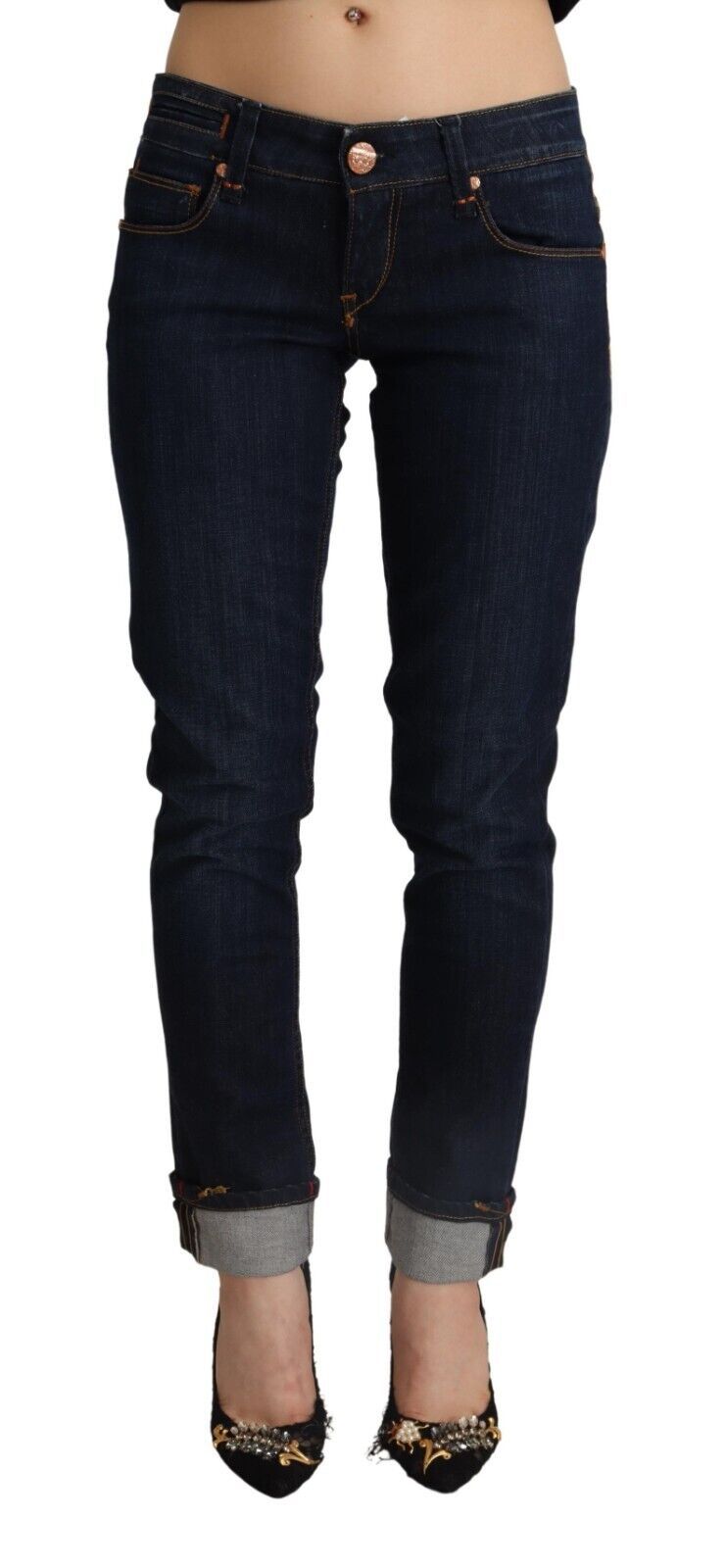 Blå bomulls lav midje slim fit denimbukse til dame