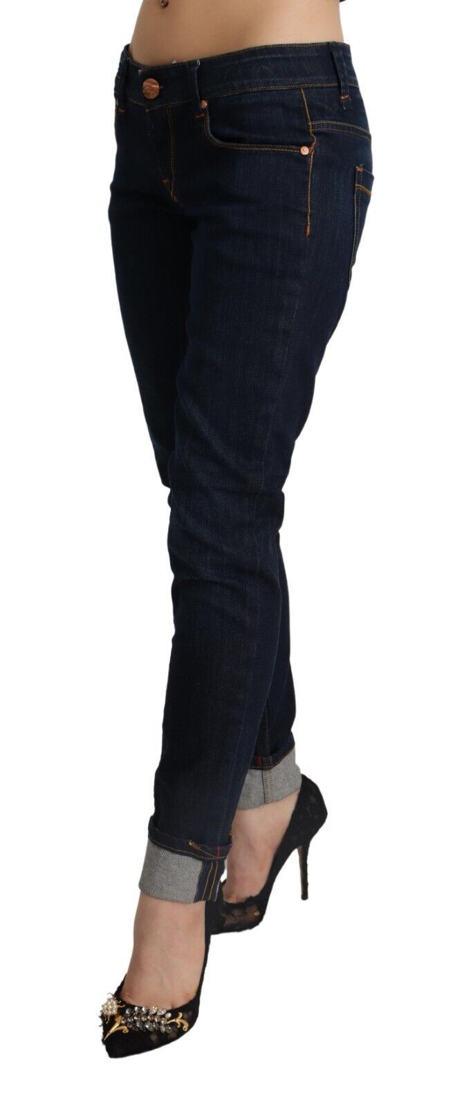 Blå bomulls lav midje slim fit denimbukse til dame