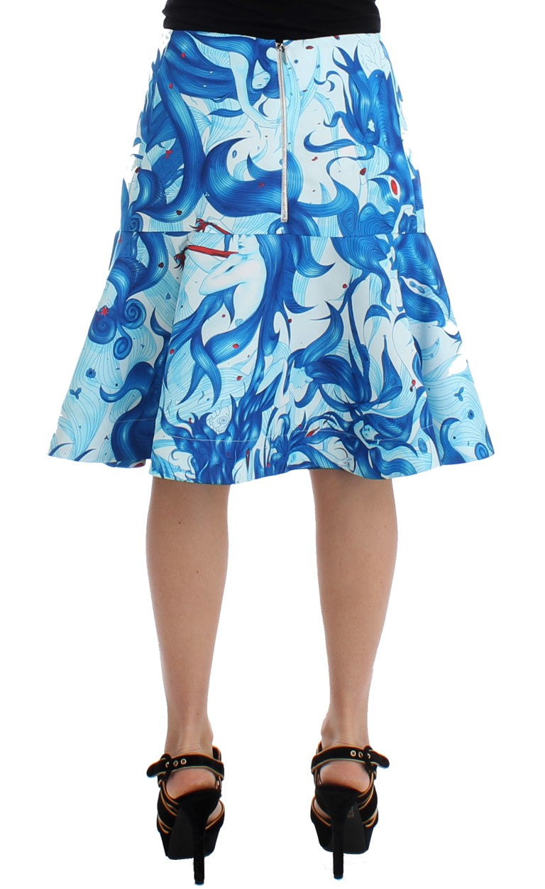Blå rak peplum-pennkjol med freskmönster