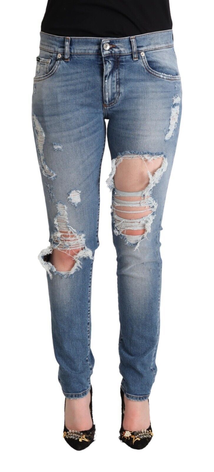 Blå slitna bomullsdenim skinny jeans