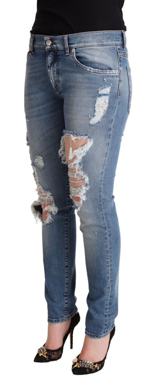 Blå slitna bomullsdenim skinny jeans