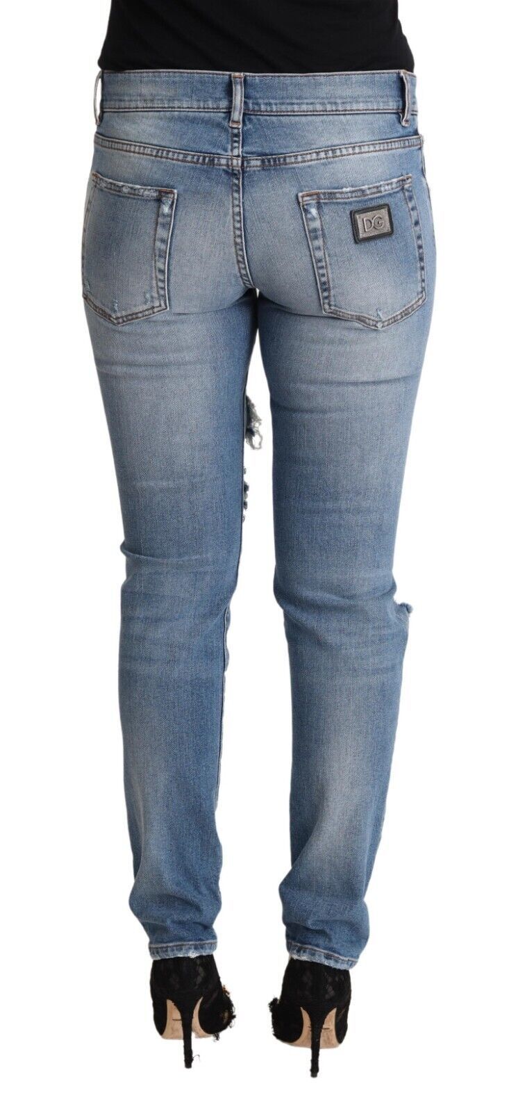 Blå slitna bomullsdenim skinny jeans