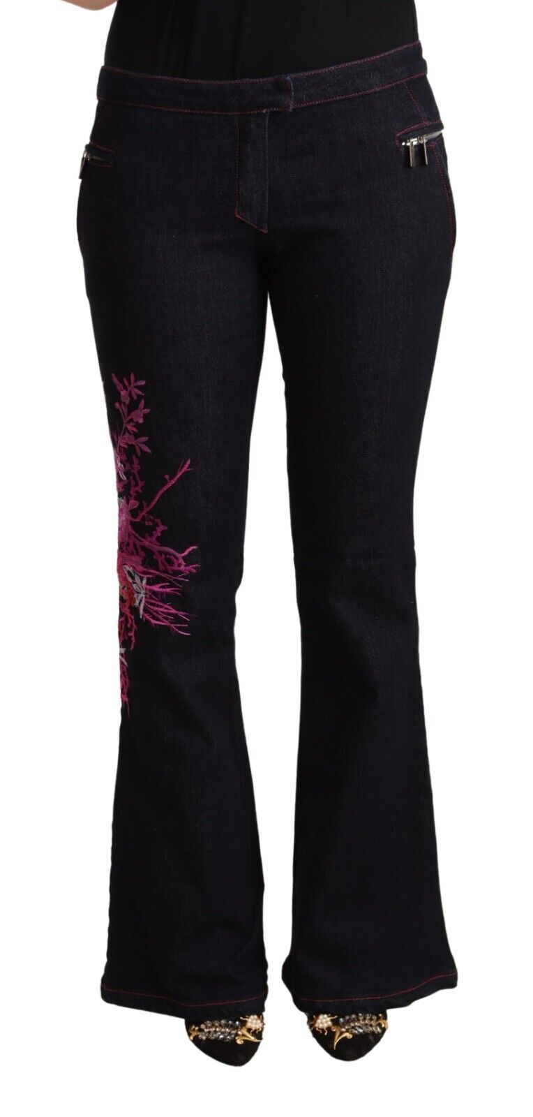Svarta bomullsjeans med medelhög midja och utsvängda bomullsbyxor