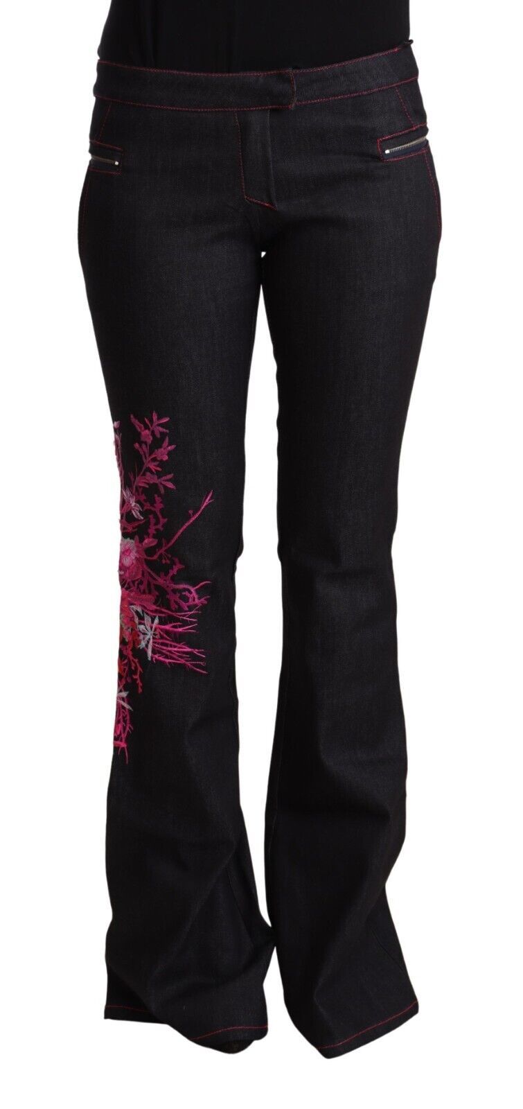 Svarta stretchiga bomullsjeans med medelhög midja och utsvängda bomullsdetaljer