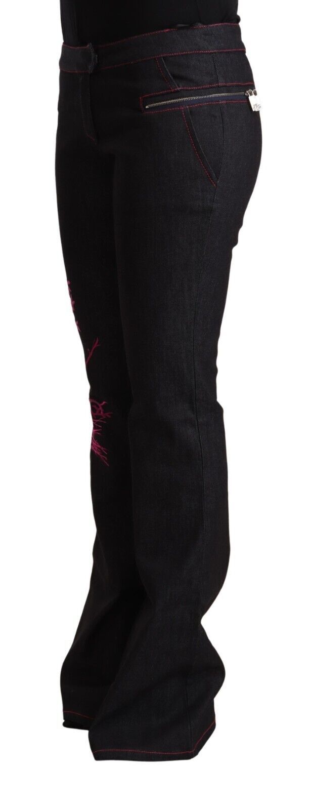 Svarta stretchiga bomullsjeans med medelhög midja och utsvängda bomullsdetaljer