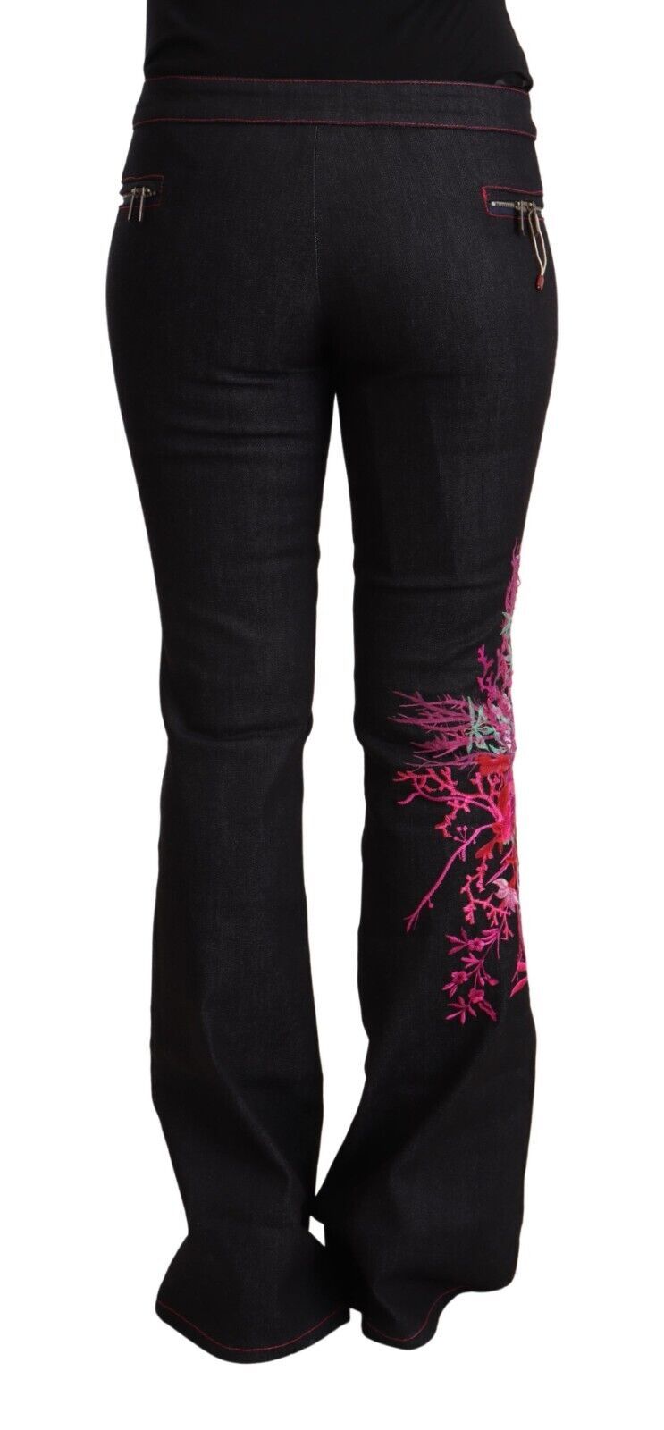 Svarta stretchiga bomullsjeans med medelhög midja och utsvängda bomullsdetaljer