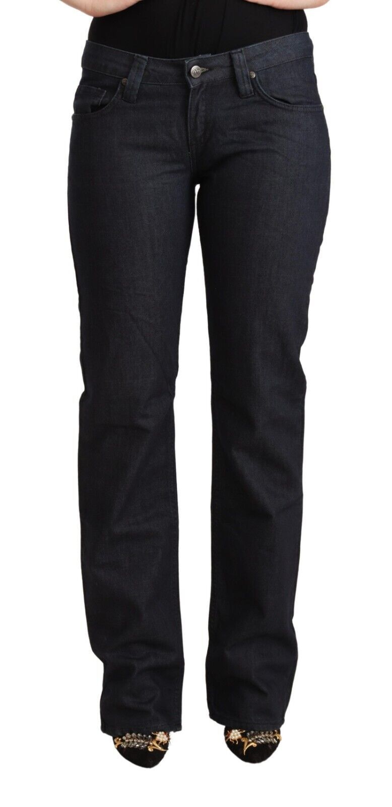 Mörkblå bomullsstretchiga raka denimjeans med låg midja