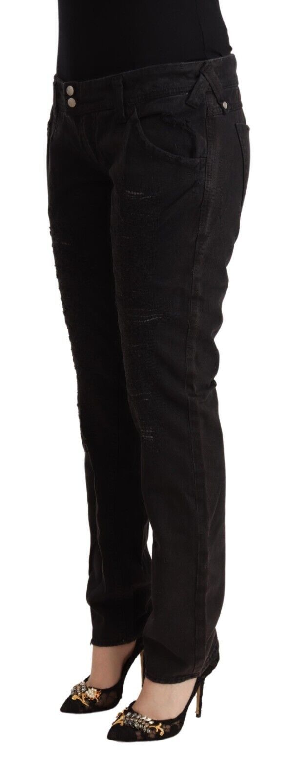Svarta bomullsslitna slim fit jeans med låg midja