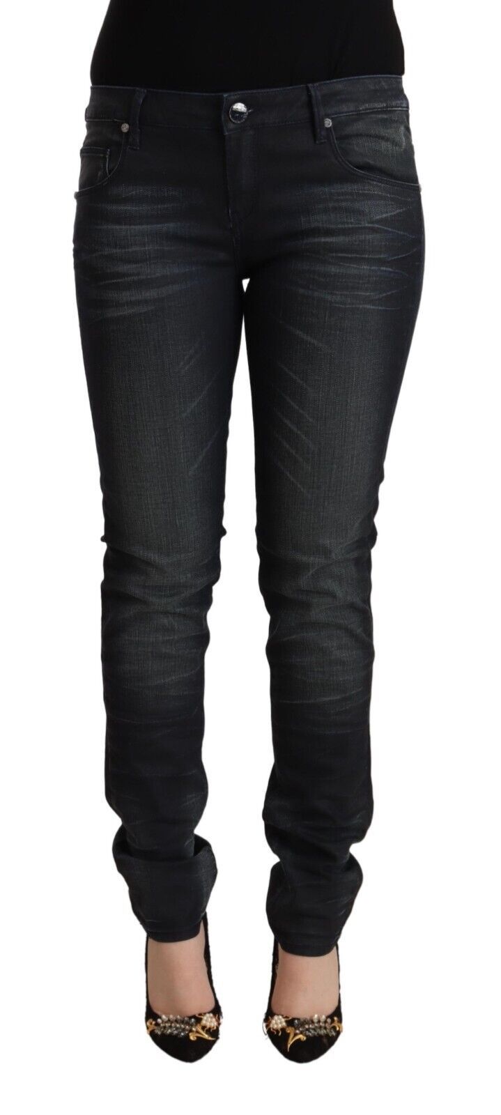 Svarte, vasket bomulls-jeans med lav midje og smal passform