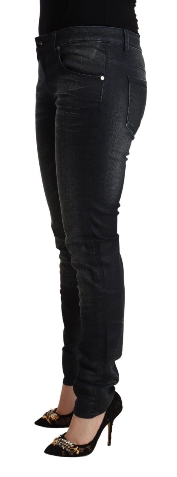 Svarte, vasket bomulls-jeans med lav midje og smal passform