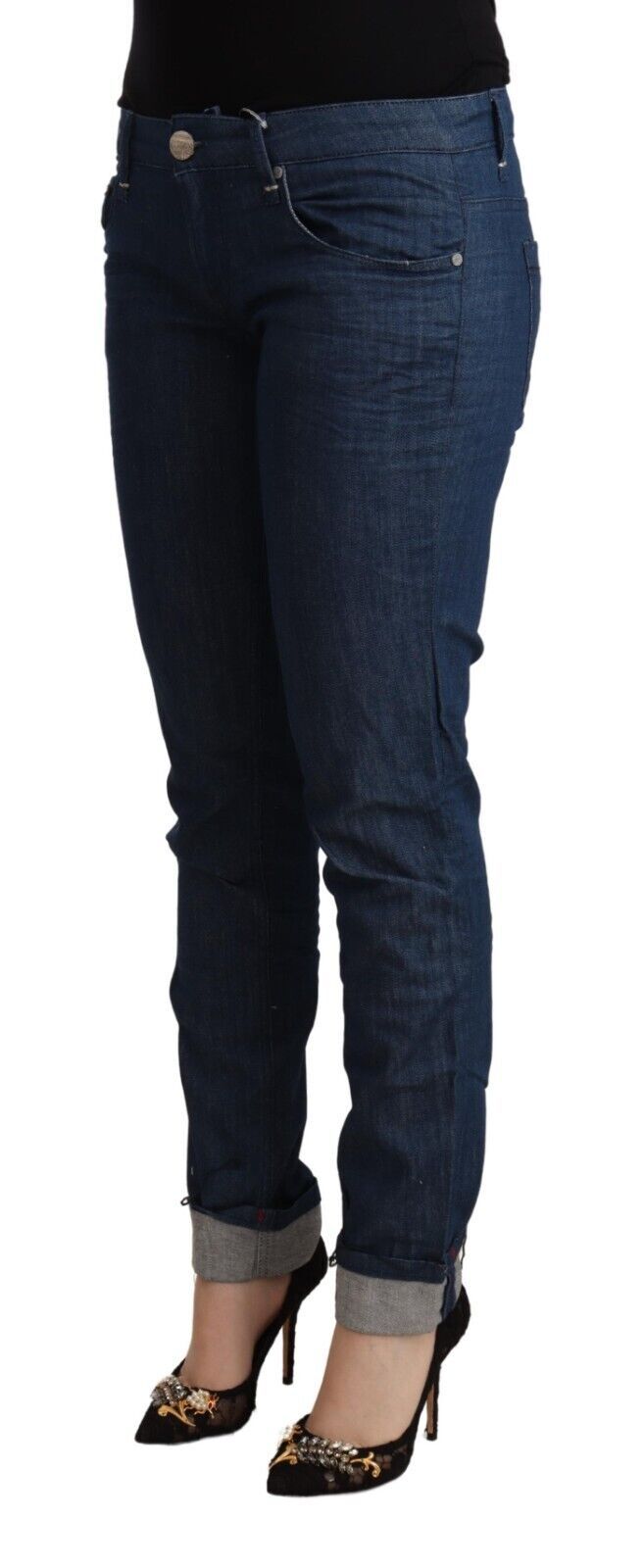 Blå bomulls lav midje skinny denim jeans med brettet kant