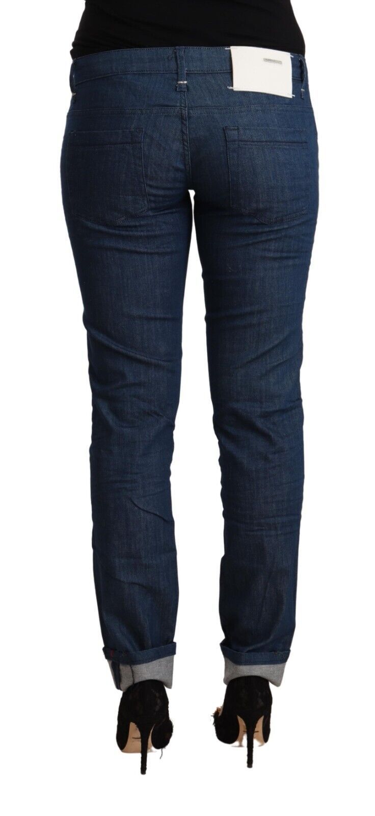 Blå bomulls lav midje skinny denim jeans med brettet kant