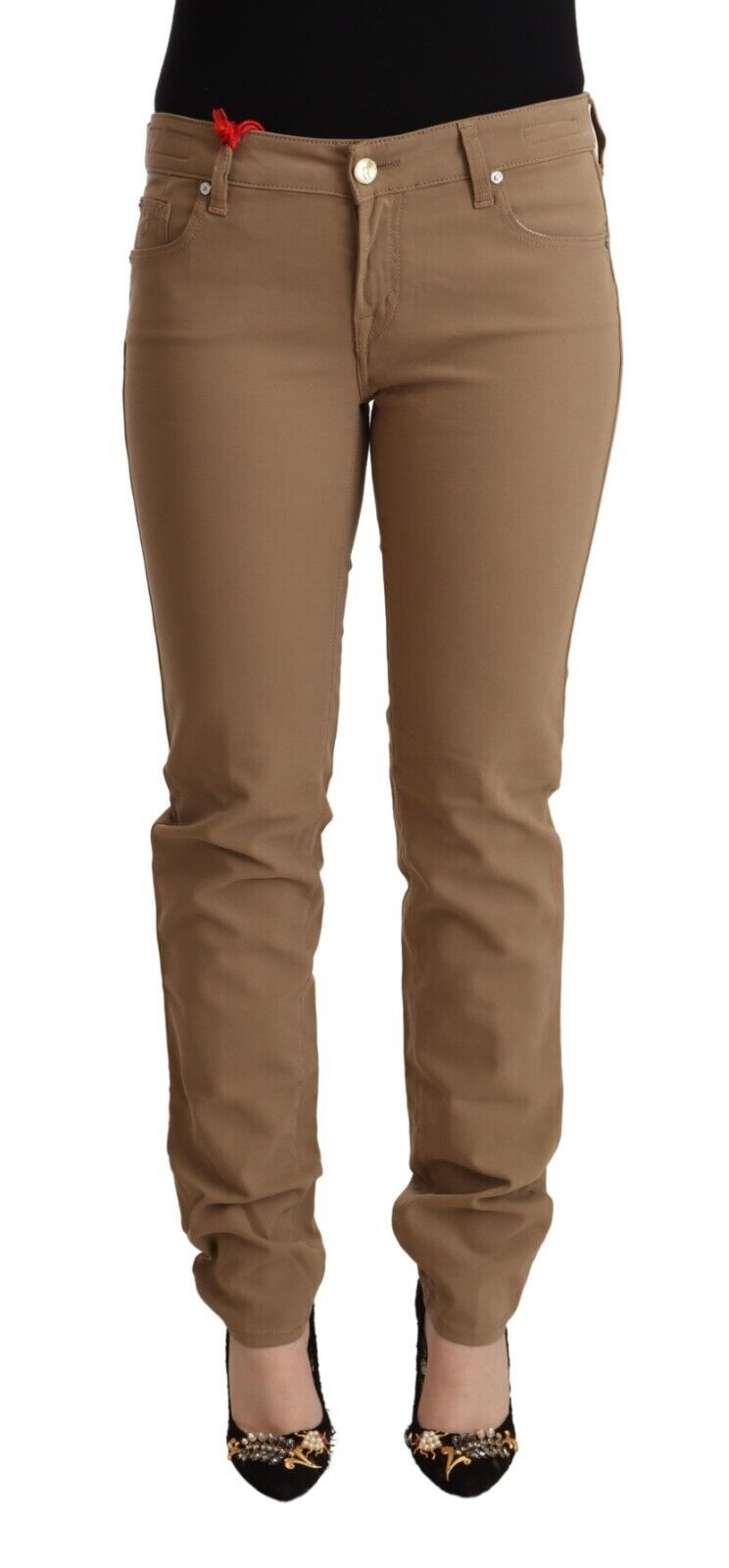 Bruna bomullsstretchiga skinny byxor med medelhög midja