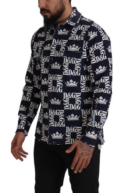 Dolce &amp; Gabbana Blå Denim Stretchig DG Kronlogotyp Casual Skjorta