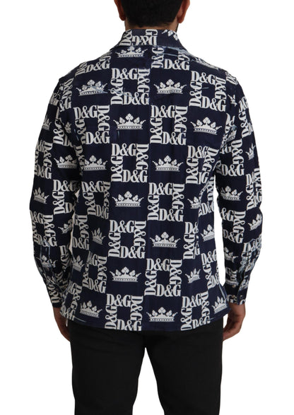 Dolce &amp; Gabbana Blå Denim Stretchig DG Kronlogotyp Casual Skjorta