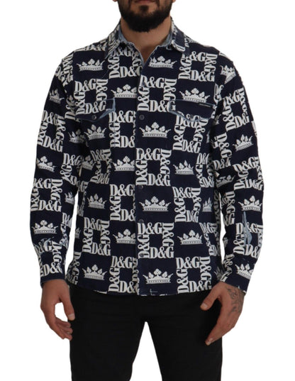 Dolce &amp; Gabbana Blå Denim Stretchig DG Kronlogotyp Casual Skjorta