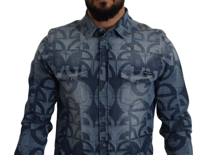 Dolce &amp; Gabbana Blå Denim Stretch DG Logo Casual Herrskjorta Slim