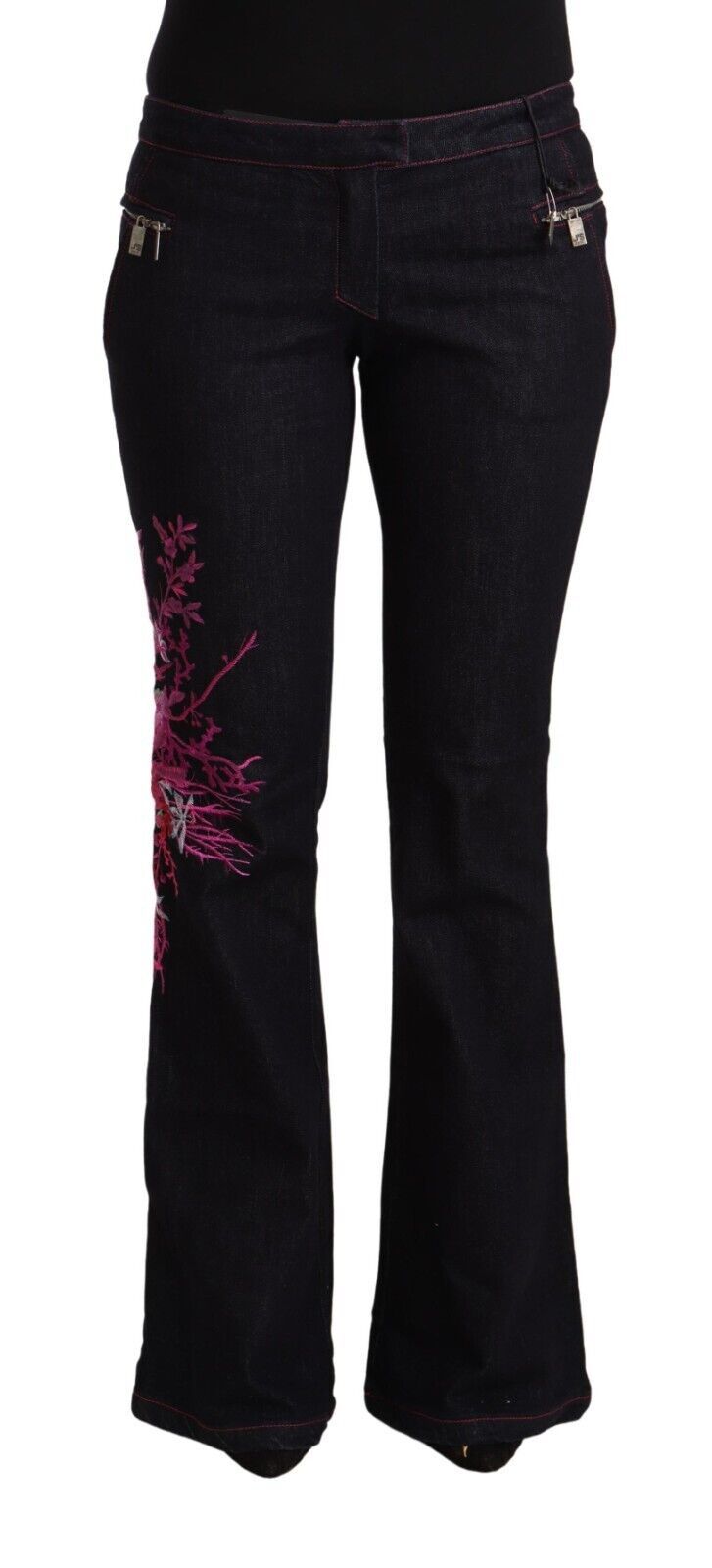 Svarta stretchiga bomullsjeans med medelhög midja och utsvängda bomullsdetaljer