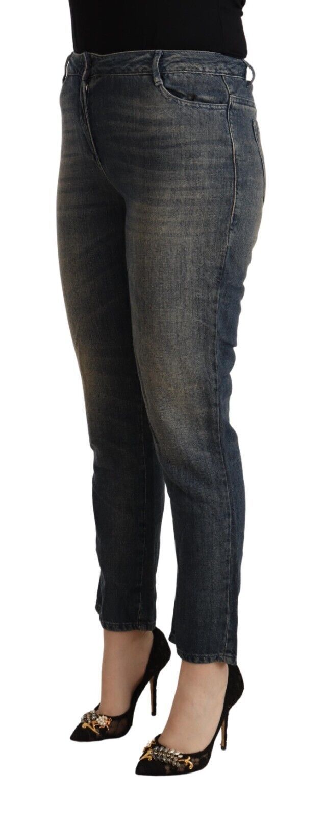Blå tvättade bomullsbeskurna Capri-jeans för kvinnor